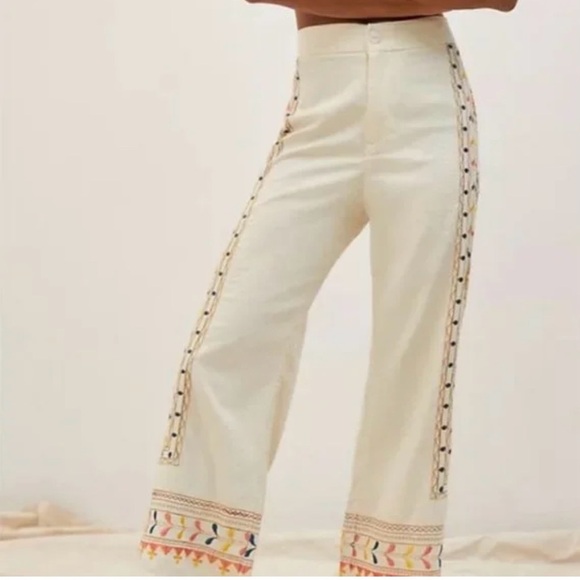 Anthropologie Cream Pants with Colorful Embroidery - Picture 2 of 8